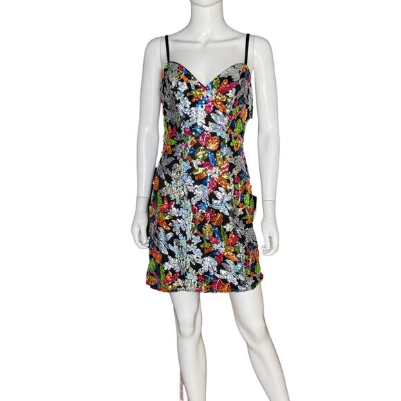 Mac Duggal Sequined Floral Detail Mini Dress 26867 Black Multi Women’s Sz 6 - Picture 2 of 11